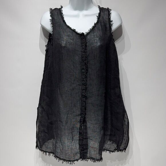 Eileen Fisher Sleeveless Oversized Blouse Black Italian Linen Buttons Women’s XS - Picture 1 of 13
